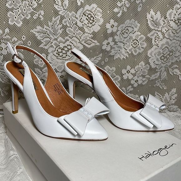 Halogen “Lila” Studded Bow White Leather Sling-Back Pumps - Size 4M - Picture 4 of 14